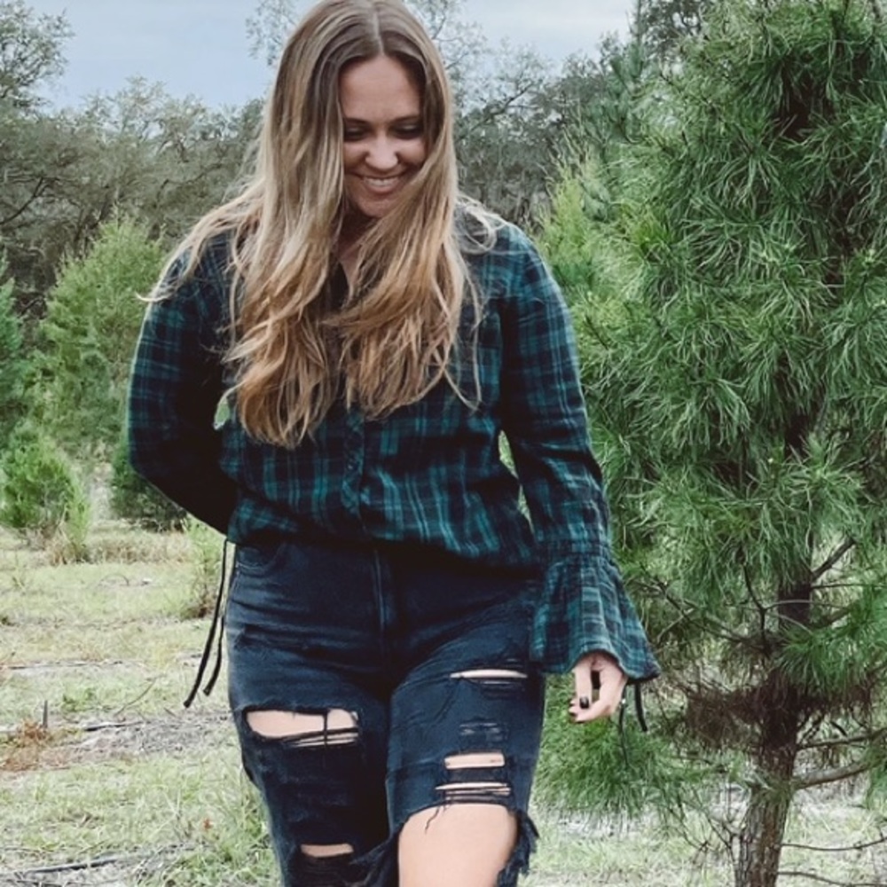 Plaid Button Up Blouse - Tie Sleeve